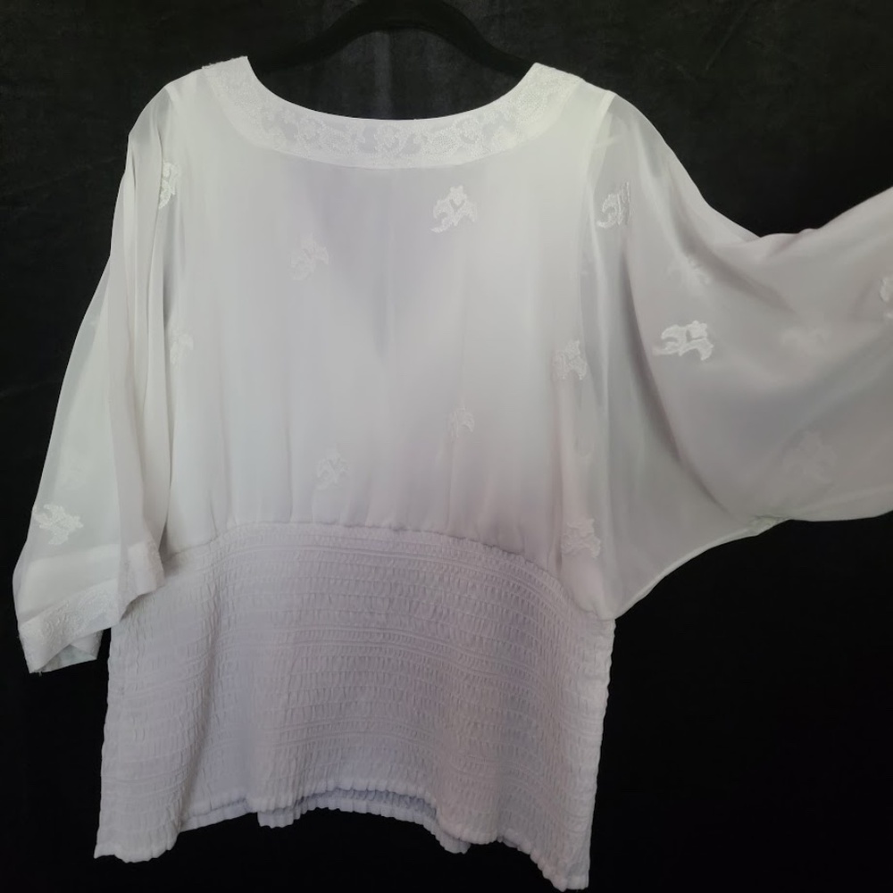White House Black Market White V-Neck Smocked Waist Blouse - Picture 11 of 11